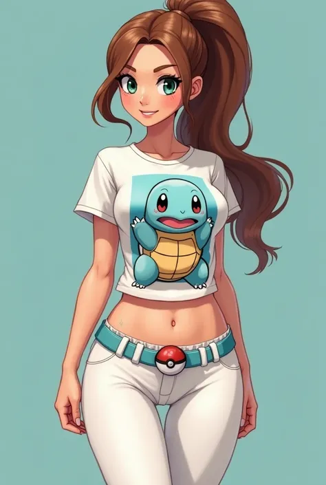 beatifull woman with long chesnut hair tied into a ponytail, short sleeve shirt with a cartoon picture of squirtle printed on the front, a pair of white hot pants, long white legs, a pair of pokeballs on the hips