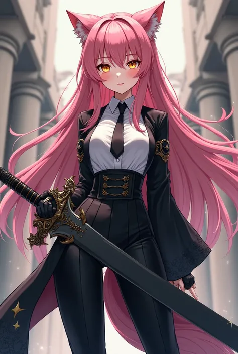 ( top quality,  borrowed letter ,  official art ,  full body,  Beautiful and aesthetic:1.2)  a werewolf girl anime,  fair skin ,  pink hair,  golden eyes,  black and white clothes , black and white pants, wielding a heavy sword.
