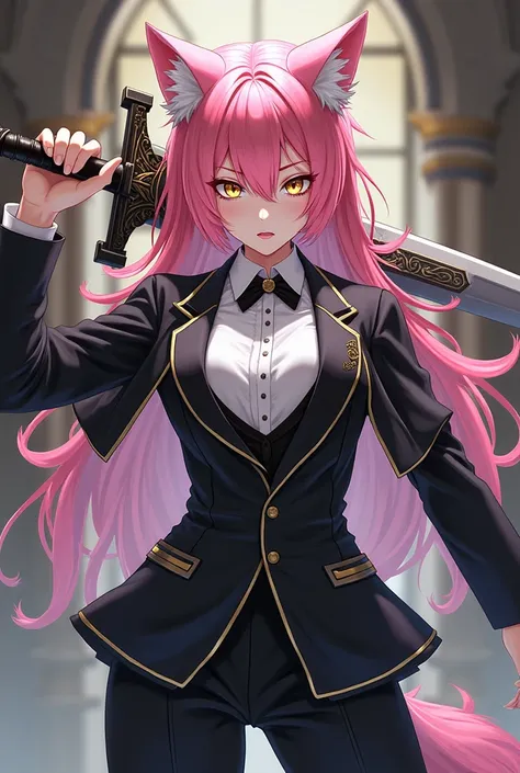 ( top quality,  borrowed letter ,  official art ,  full body,  Beautiful and aesthetic:1.2)  a werewolf girl anime,  fair skin ,  pink hair,  golden eyes,  black and white clothes , black and white pants, wielding a heavy sword.
