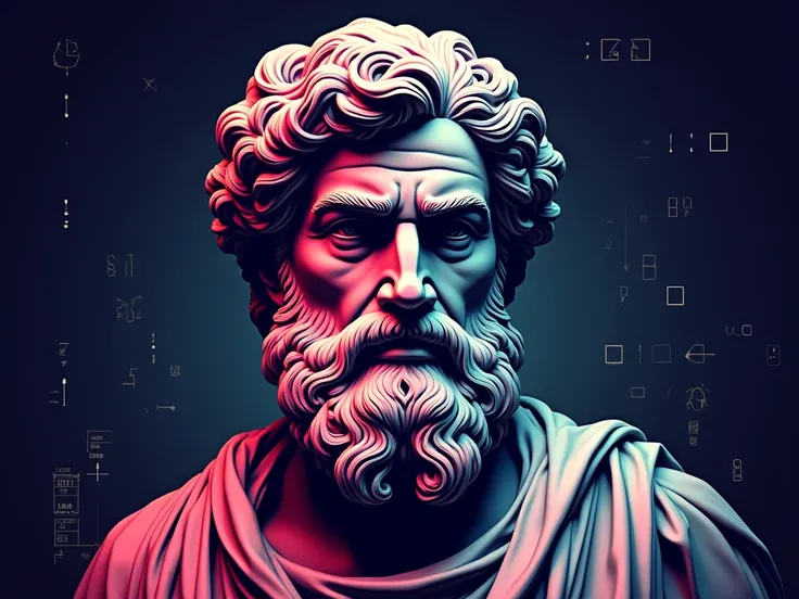 image of Aristotle in greece reimagined with a blend of crypto culture and retro internet aesthetics. He should have a futuristic yet vintage vibe, incorporating elements like blockchain symbols, pixel art, neon cyberpunk colors, and old-school computer gr...