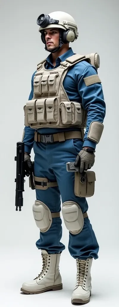 military uniform, blue shirt with pants, white boots, 2014-2015 The guy stands at full height and straight.Stands straight.A type of uniform worn during war or regular service.With weapons and equipment.Dressed inwhite tactical gear.Dressed in advanced com...