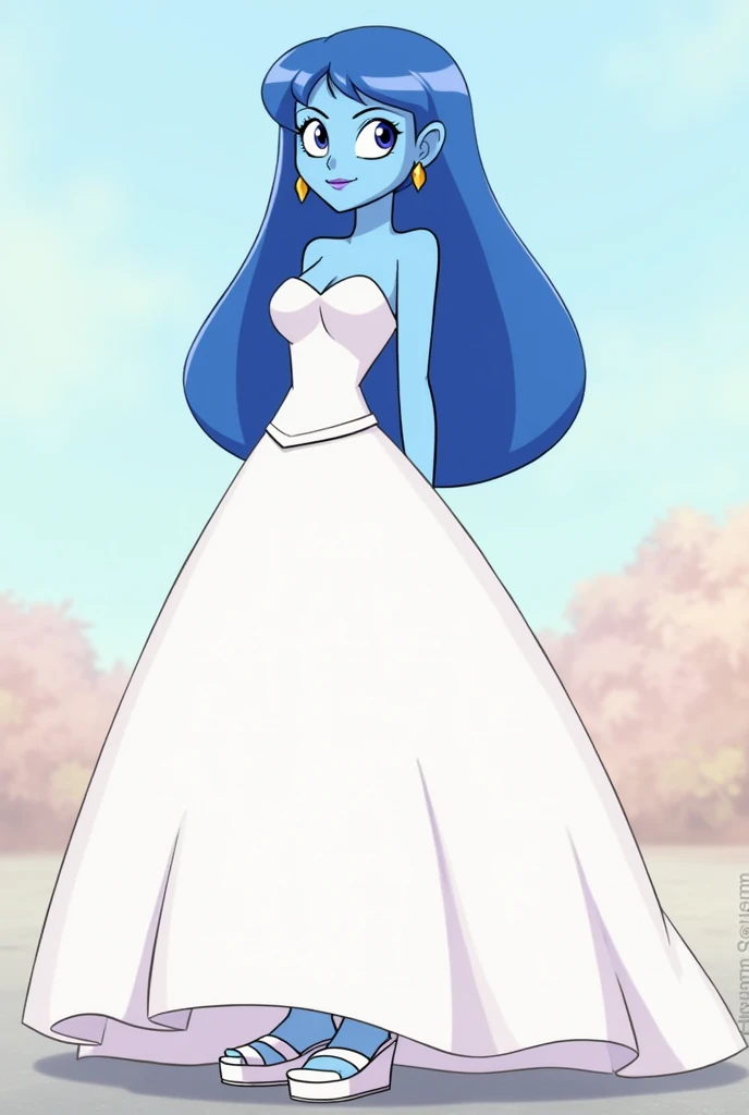 Lapis Lazuli from the cartoon Steven Universe, wearing a beautiful wedding dress. She has on white wedge sandals and golden earrings in both ears. The scene is set in a serene, pastel-colored background, with soft lighting that highlights her elegant 