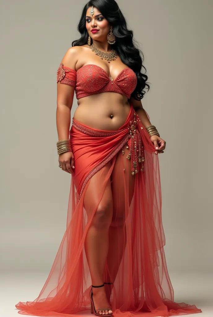 Bbw indian bride in tranceperent saree. Sleeve less blouse .high heels. Full jewellery. Small Bindi on fore head. Tatto on navel. Curvy body. Sexy thighs