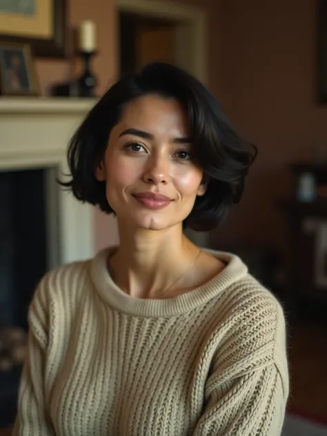 Photographic portrait of a woman with short dark hair wearing a knitted sweater. The image looks as if it was taken many years ago: slight graininess, faded colors, but with preserved clarity of the face. Vintage photography style. Shooting in a home envir...