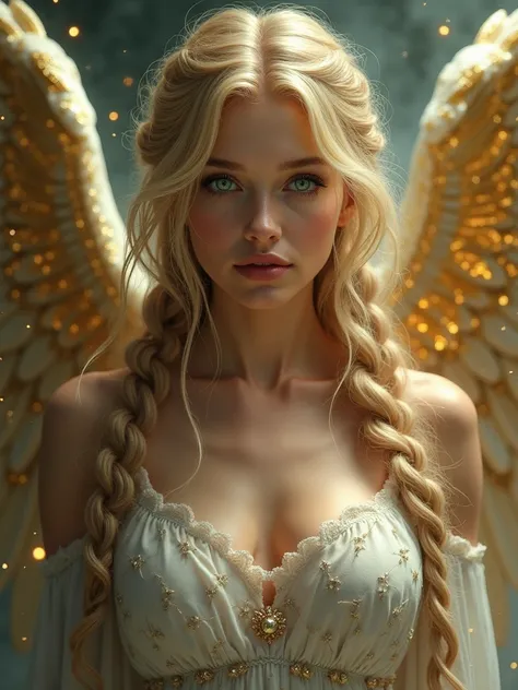 Blond green eyes angel woman ,  masterpiece,  Awarded multiple times ,  Textured Skin, Braid, projected shadow, Golden wings 
