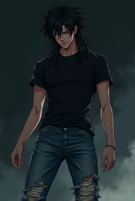 make a male anime character with, long black hair black  tshirt and ripped blue jean pants on the left knee, converse style shoes