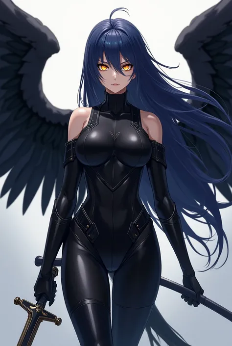 ( top quality,  best angle quality,  official art ,  full body,  and aesthetics :1.2) Anime woman, Crow wings on the back,  golden eyes, Long dark blue hair, Armadura preta, black shirt,  black pants,  holding sword.
