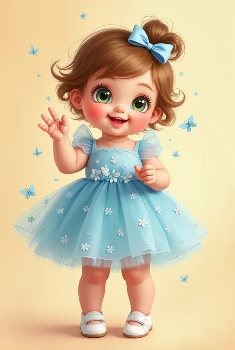  create a one-year-old white baby with green eyes and dark gold hair wearing a short blue tulle dress with butterflies , Little white shoe and making number one with your hand  