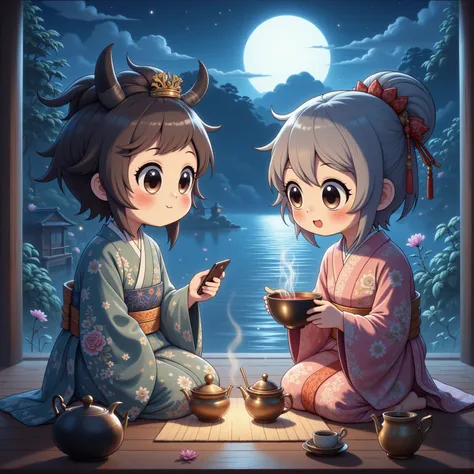 two cute young women (influencers, cell phones, Japanese, age 20, super cute, short sexy Japanese robes made of silk with fancy embroidery) do a bad job of learning how to do a proper tea ceremony from their grandmother (old Japanese woman, patient, age 70...