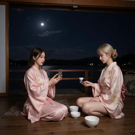 two cute young women (influencers, cell phones, Japanese, age 20, super cute, short sexy Japanese robes made of silk with fancy embroidery) do a bad job of learning how to do a proper tea ceremony from their grandmother (old Japanese woman, patient, age 70...