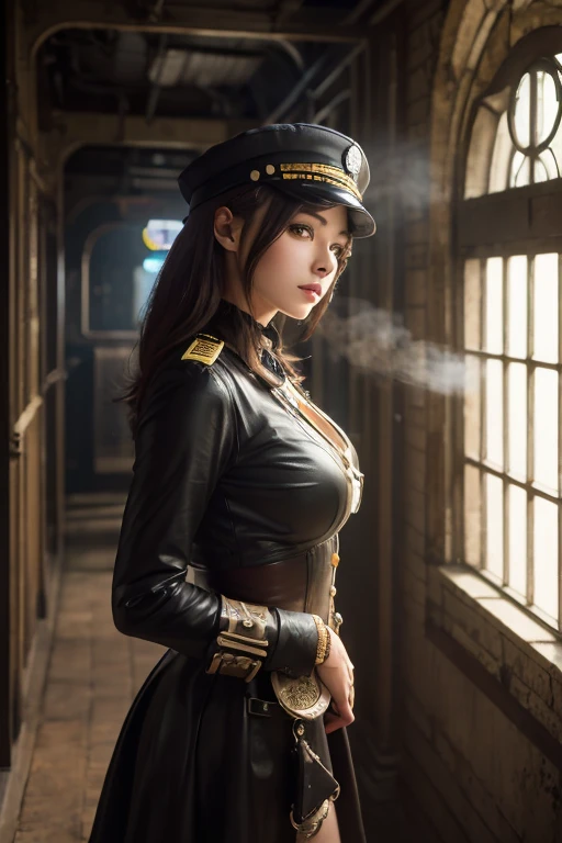 1 girl, Pilot Cap , Alone, steam punk, station, , steam, Masterpiece, very detailed on trends , high resolution, 8k resolution, best quality ,