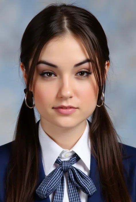 Sasha Grey, Brunette very long twintails, school yearbook, Hot, school uniform, hoop earrings, makeup, Masterpiece, High Resolution, Accurate, High Details, Textured Skin, photography, poster, pose, Realistic. 