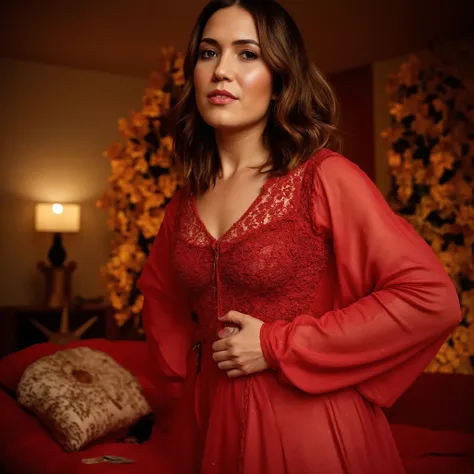 best quality, highres, 8k, masterpiece, photography, detailed midbody photorealistic portrait. Mandy Moore lounges on a grand four-poster bed covered in crimson silk, the room dimly illuminated by glowing red lanterns. She wears a deep red lace corset with...