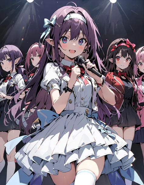 yuukikonno, Konno Yuuki,  headband, Alone, long hair,  pointy ears,  purple hair,  low ponytail , red eyes ,smile,blush, open your mouth, idol costume, dress,collared  dress, jacket ,cropped  jacket ,Short sleeve,bowtie,bow,button, gradation shirt that Fur...