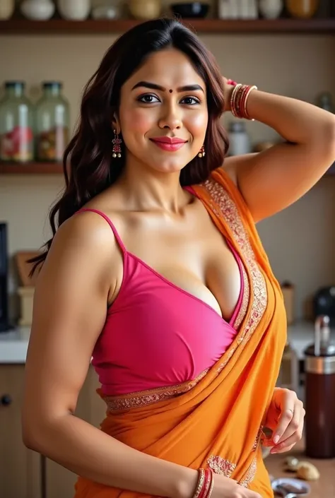 She is wearing an orange saree with red and gold embroidery, paired with a red blouse. huge cleavage, Her hair is styled in soft waves, and she has a warm smile. She is posing gracefully in a kitchen setting with jars and containers in the background. Jhum...