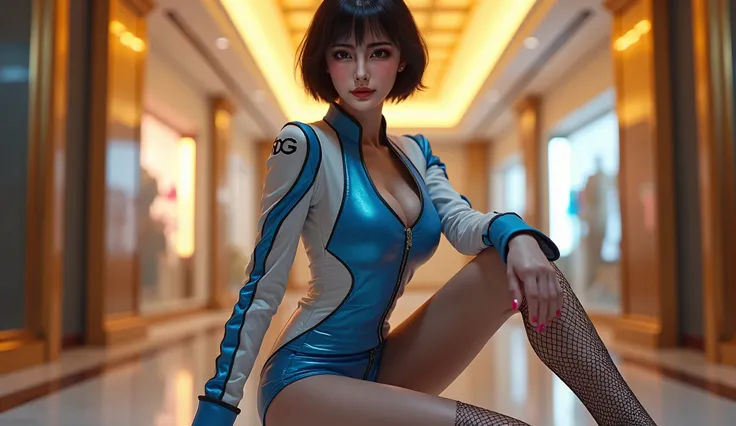 8k,masterpiece, RAW photo, top quality,( Details  :1.2), realistic,Extremely  Details  ed CG unifies 8k,Realistic, beautiful and elegant goddess , A very beautiful , very sexy racing model , Japanese city model ,((( Sexy blue and white racing girl costume ...