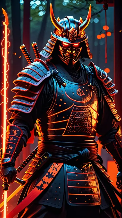 glowneon, glowing samurai emitting sparks and electricity, dark red and orange, glowing eyes, cinematic film still 