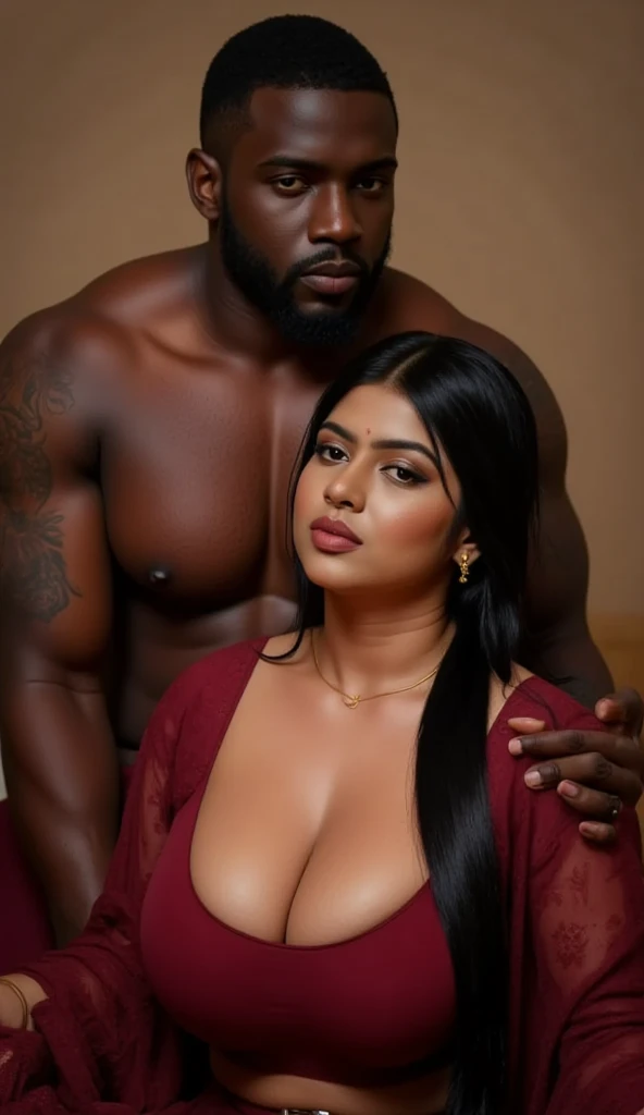  A dramatic and intense scene where a muscular black man stands behind a woman, holding her firmly. His strong hand rests on her stomach, pulling her close, while he leans in to kiss her neck. The woman appears both surprised and captivated, her body sligh...