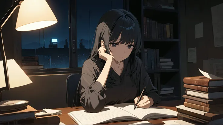 "A melancholic young woman with long black hair sitting at a desk, studying late at night. She rests her chin on one hand while holding a pen in the other, gazing at an open notebook with a thoughtful expression. A dim desk lamp casts a soft, warm glow, cr...