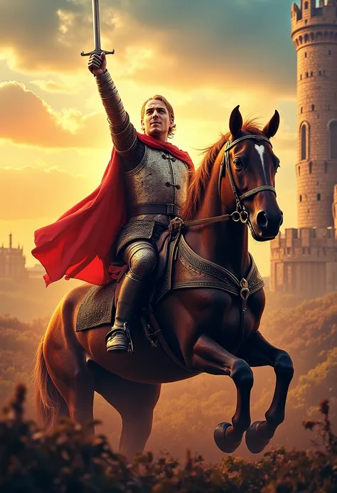 lilamaddyson, Create a cinematic poster featuring a heroic figure clad in medieval armor reminiscent of Kingdom Come: Deliverance. The character is confidently seated on a rearing horse, captured mid-motion as he swings his sword with a dynamic flourish. I...