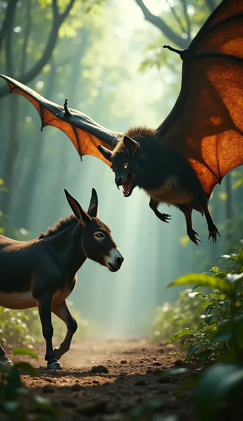 An intense and dramatic scene in an 8K ultra full HD resolution. A powerful donkey and the biggest bat are locked in a fierce face-off, both in full attack mode. The donkey stands strong, muscles tensed, eyes burning with determination, and its mouth sligh...