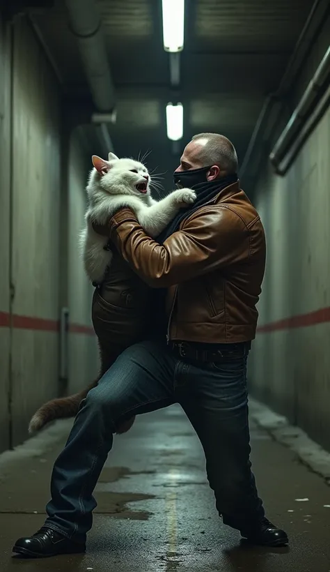 In the dark, claustrophobic tunnel, a brutal fight breaks out between a white bodybuilder cat and a black-masked man. The cat, wearing a rugged brown leather jacket that clings to his muscular frame and denim jeans, has the man by the neck with one powerfu...