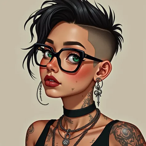 Non-binary androgynous girl, gorda, with big breasts and an athletic ass,  thick legs, short peaked colored hair that reaches up to the chin in an undercut cut , with a stretcher in her left ear, two hoops in her right ear, piercings na orelha, septo, lip ...