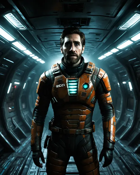 Sci Fi Horror Dead Space Jake gyllenhaal in horror spaceship photography, natural light, photorealism, cinematic rendering, ray tracing, the highest quality, the highest detail, Cinematic, Third-Person View, Blur Effect, Long Exposure, 8K, Ultra-HD, Natura...