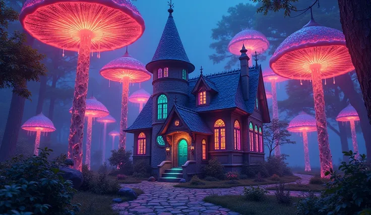 A mesmerizing luminous house, bathed in psychedelic colors, stands tall under an enchanting Bioluminescent mushroom canopy, highres, HD, high quality, high details