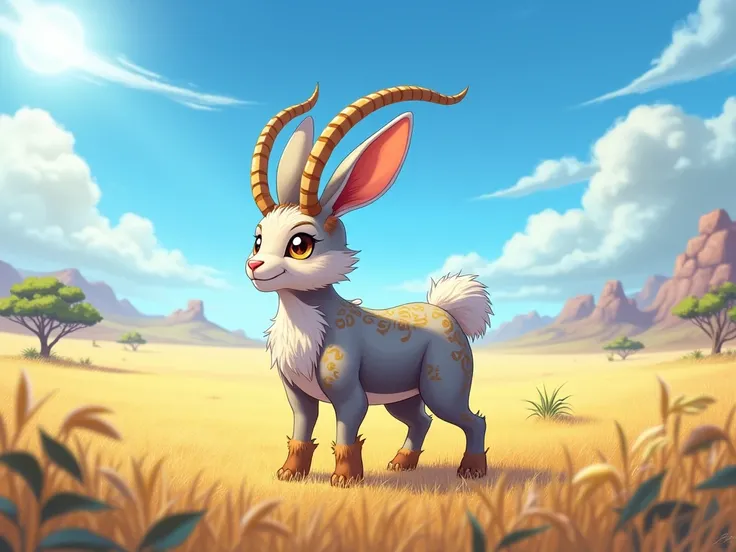 anime style image: an animal, a fusion mixing a rabbit and a goat. in a savannah.