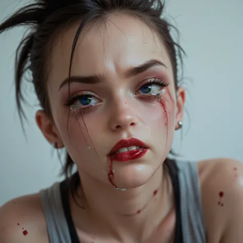 like  e female, punk, bad ass very young, cold crying eyes, evil, bloody lip, black eye, grazed cheek, bruises, abused