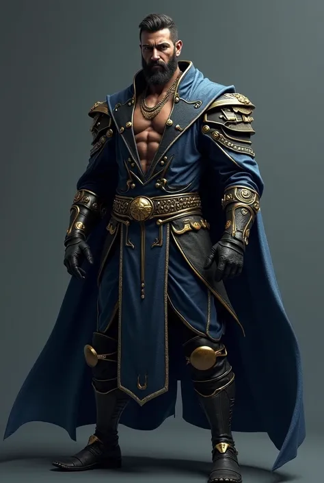 Create a 3D character of a male figure inspired by an orca, embodying a silent yet deadly demeanor. The character should feature a color palette of black, blue, and gold. He is a wealthy war commander, possessing great riches and resources, with slightly d...