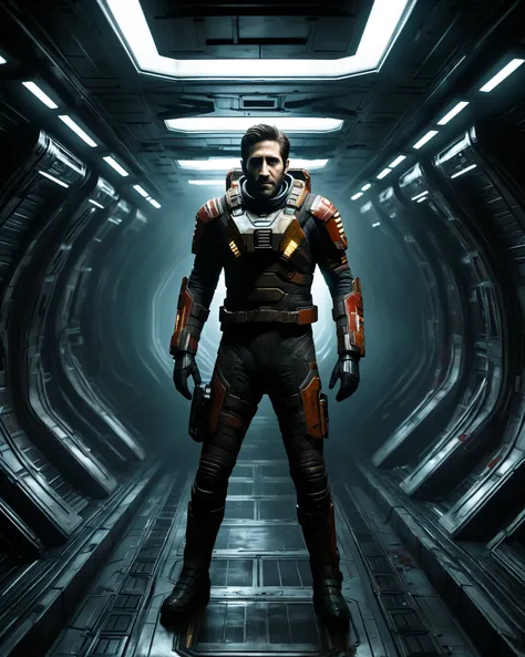 Sci Fi Horror Dead Space Jake gyllenhaal in horror spaceship photography, natural light, photorealism, cinematic rendering, ray tracing, the highest quality, the highest detail, Cinematic, Third-Person View, Blur Effect, Long Exposure, 8K, Ultra-HD, Natura...