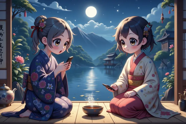 two cute young women (influencers, cell phones, Japanese, age 20, super cute, short sexy Japanese robes made of silk with fancy embroidery) do a bad job of learning how to do a proper tea ceremony from their grandmother (old Japanese woman, patient, age 70...