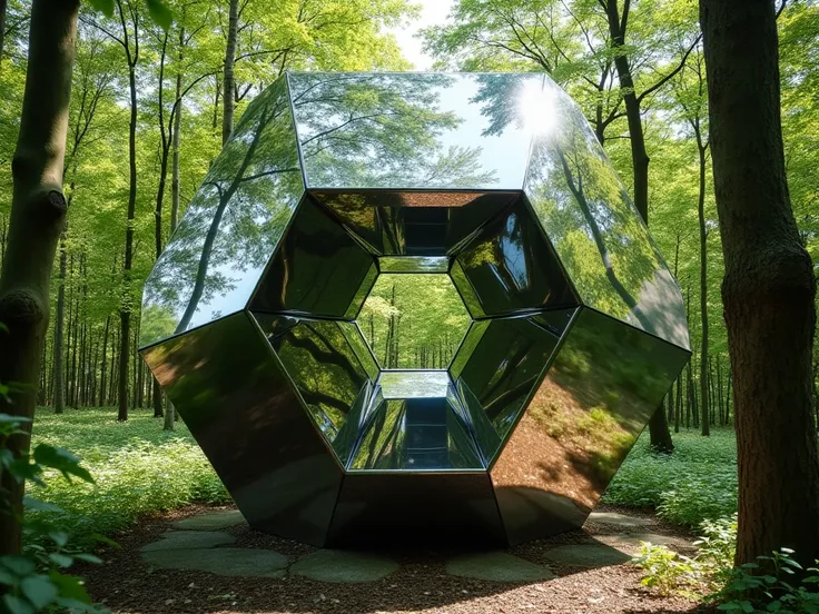 Cuboctahedron made from mirror in the woods, art instalation, with a 5cm black steel edges, size of one edge is 3.5m