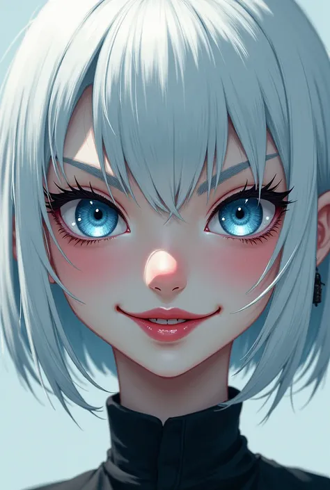 manga girl,  white hair, Eyelashes white,  blue eyes,  pale skin ,  malicious smile 