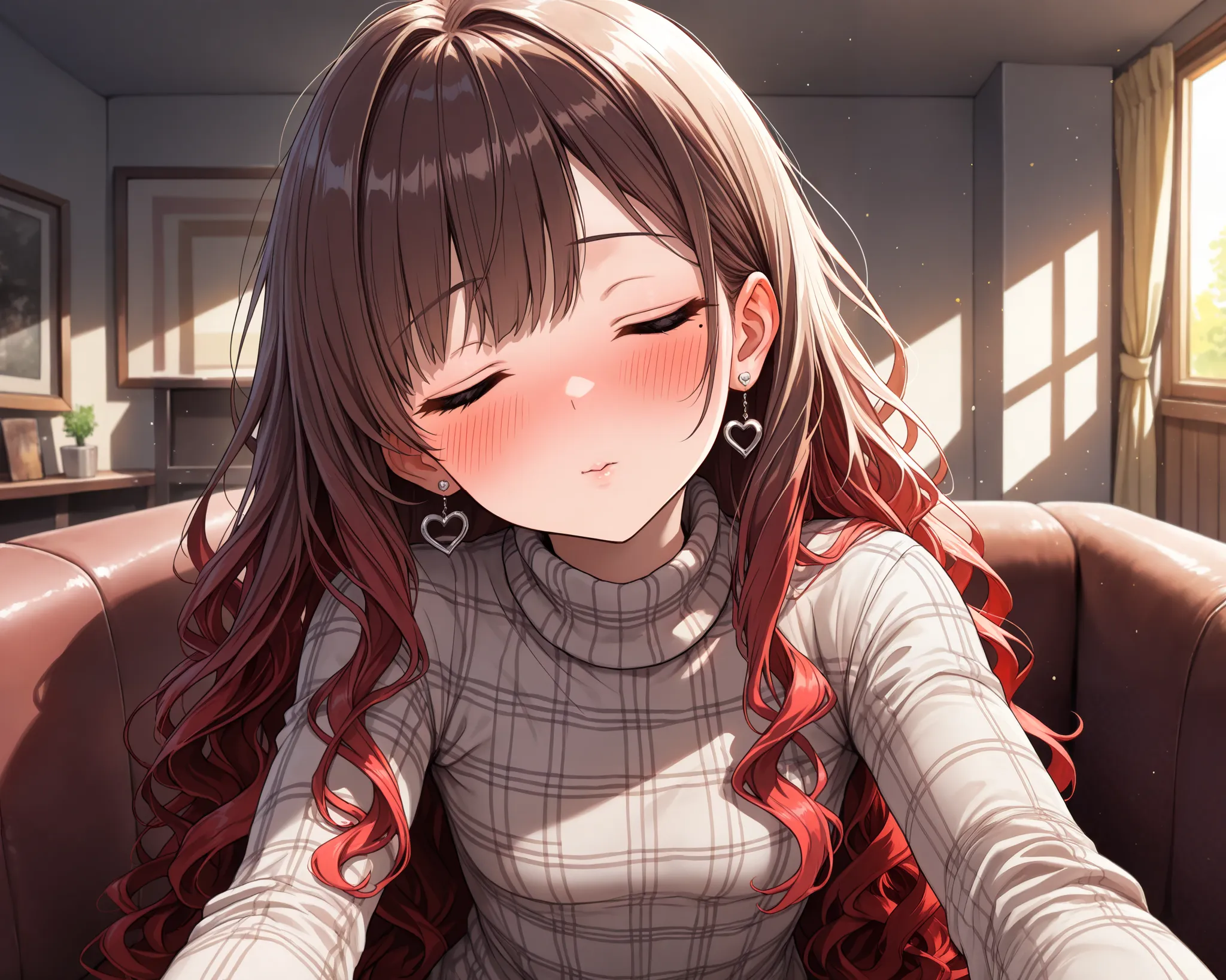 pov, portrait, embarrassed, head tilt, incoming kiss expression, very cute face, cute girl, solo, long hair, wavy hair, ((brown hair with red ends)), Mole under the left eye, closed eyes, eyes, flat breasts, ((Plaid patterns turtleneck sweater)), long slee...