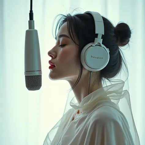 Close-up portrait of a female ambient pop vocalist, ethereal oversized head composition, wearing minimalist studio headphones and singing into a suspended microphone, draped in flowing fabrics with atmospheric movement, dreamy pastel color palette with mis...