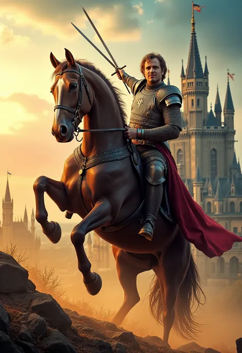 lilamaddyson, Create a cinematic poster featuring a heroic figure clad in medieval armor reminiscent of Kingdom Come: Deliverance. The character is confidently seated on a rearing horse, captured mid-motion as he swings his sword with a dynamic flourish. I...