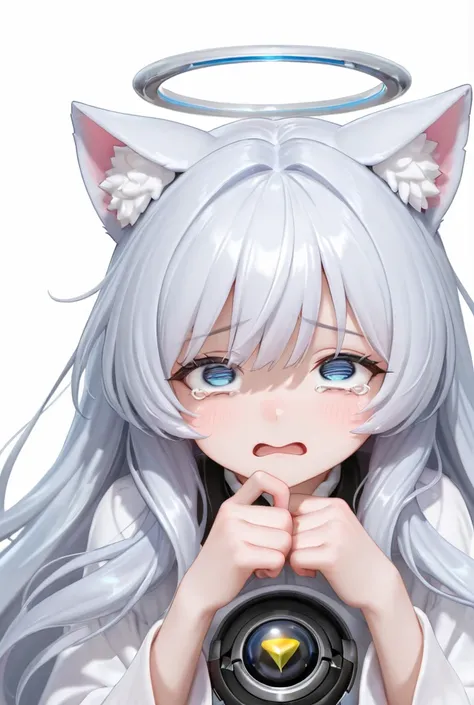  high resolution, highest quality,Halo, Silver Hair, with long hair ,Cat ears,Downer,Droopy eyes, Light Blue Eyes,１A human woman ,Scared,tears,Dream Core