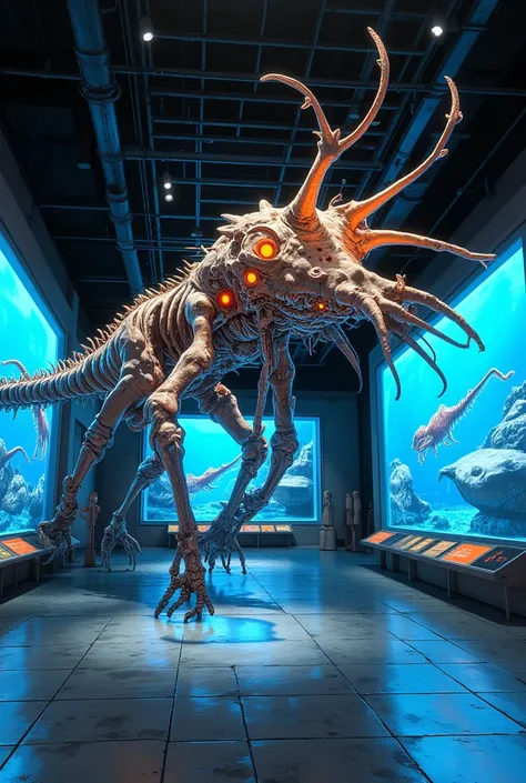  high-quality photorealistic 3D rendering of a museum exhibition of the mysterious sea creature "Paleoparadoxia ",  hyperdetailed ,  dramatic lighting ,  intricate textures ,  hyperrealistic,  Museum interior ,  museum exhibition ,  paleontology ,  Marine ...