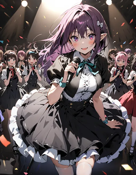 yuukikonno, Konno Yuuki,  headband, Alone, long hair,  pointy ears,  purple hair,  low ponytail , red eyes ,smile,blush, open your mouth, idol costume, dress,collared  dress, jacket ,cropped  jacket ,Short sleeve,bowtie,bow,button, gradation shirt that Fur...