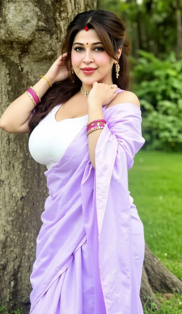 hot sexy south indian white curvy girl with pull long hair, big breast, big hip, big ass, thick thighs, woman  1The image features a woman standing outdoors near a tree, exuding confidence and charm. She is wearing a traditional outfit that includes a whit...