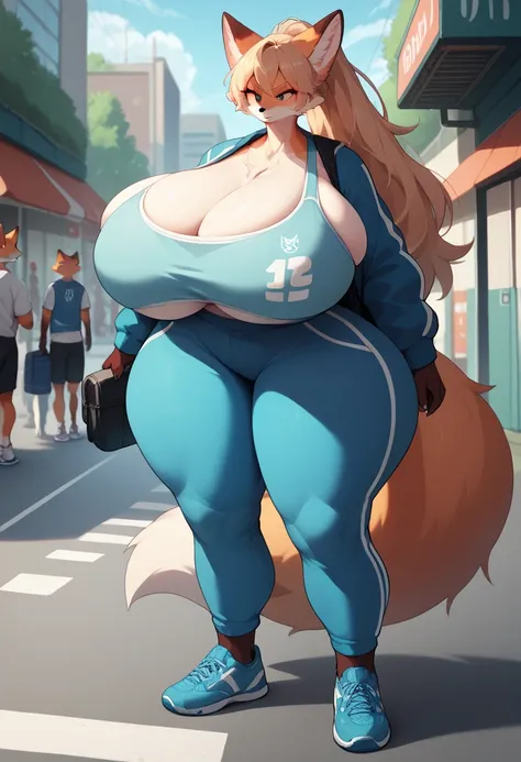 Anime style fox Furry girl, in the city sport bra and sport hors in the school rooms. (gigantic breasts)very long huge legs, (very wide huge hips huge ass)