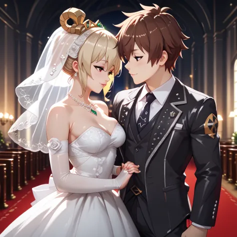 " Kazuma Satou from KonoSuba and Bernice  (burnice)  from Zenless Zone Zero wedding dresses , holding hands at an altar .  Kazuma wears an elegant black suit with gold details and Bernice wears a futuristic wedding dress with dark tones and red details.  R...