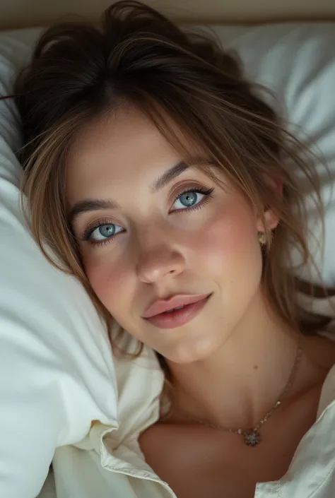 a young woman is captured in a moment of tranquility. Her head is gently cradled by a soft, white pillow, suggesting a comfortable and peaceful setting. Her eyes, a captivating shade of blue, are looking directly at the camera, adding a sense of connection...