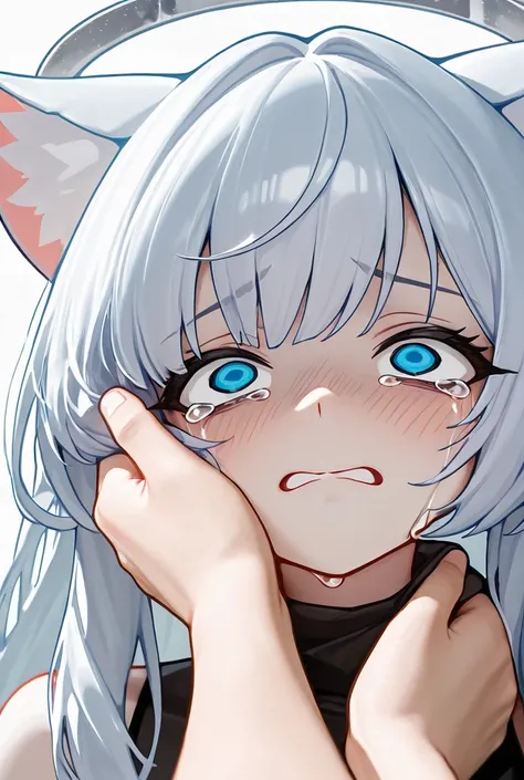  high resolution, highest quality,Halo, Silver Hair, with long hair ,Cat ears,Downer,Droopy eyes, Light Blue Eyes,１A human woman ,Scared,tears, Liminal Space