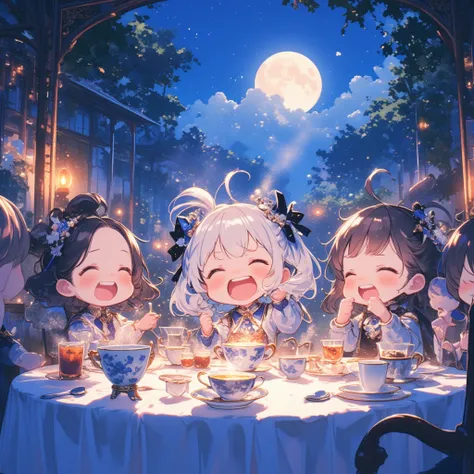 chibi, masterpiece, best quality, ultra-detailed, vivid color, kawaii style, elegant tea party, fantasy realism, nighttime ambiance, moonlit garden, delicate porcelain teacup, warm candlelight, gentle night breeze, steam rising, character laughing uncontro...