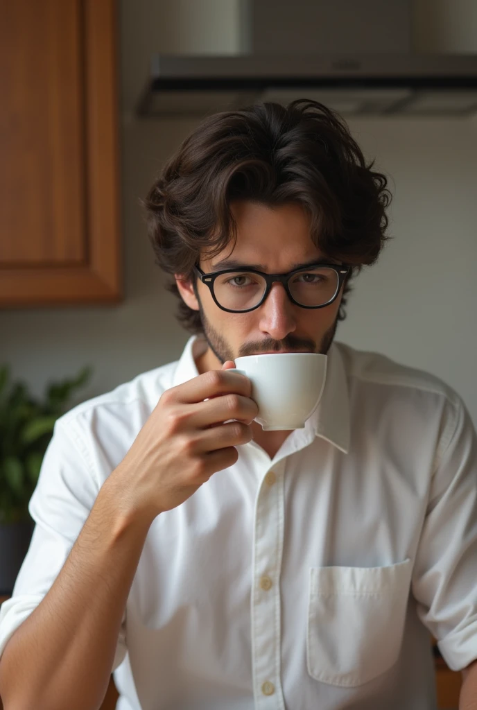 A 28 year old man ,latino , fair skin  ,  with white shirt,nerd lenses , fair skin  , delgado  ,In his kitchen drinking nervous coffee, hiperrealistic 