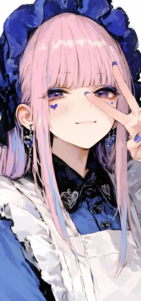 best quality, masterpiece, 748cmstyle, 1girl, heart facial mark, v over eye, nail polish, looking at viewer, purple eyes, purple nails, closed mouth, pink hair, long hair, blunt bangs, blush, upper body, smile, maid apron, maid headdress, collared dress, w...